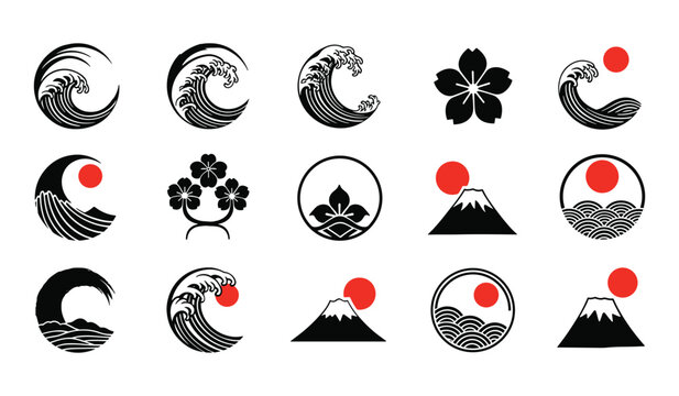 Japanese Wave and Nature Icons Cherry Blossom and Mount Fuji