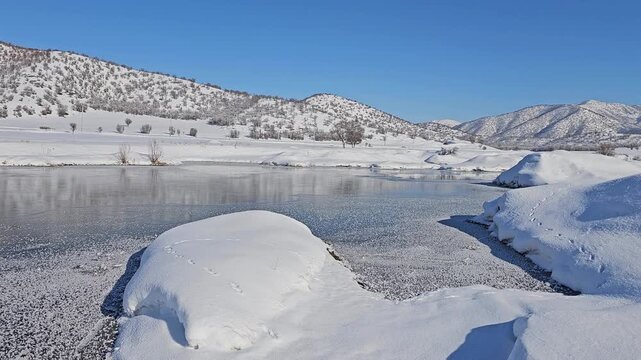 A frozen lake reflects snowy hills and distant mountains under a clear sky, capturing the serene beauty of untouched winter nature.
📍Marivan, Kurdistan 
