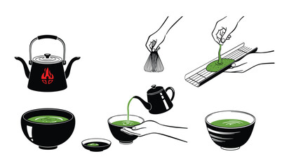 Matcha Tea Ceremony Preparation Kettle Bowls Bamboo Mat japanese tea green tea