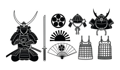 Samurai Warrior Armor Helmet Sword Fan and Sun Symbol Keywords: samurai, warrior, armor, helmet, sword, katana, fan, folding fan, sun, rising sun, Japanese, traditional, military, historical