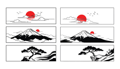 Six Japanese Landscape Panels with Sun Clouds Mount Fuji and Pine Trees vector illustration