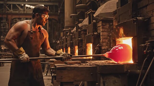 Skilled artisans collaborate in glassblowing process, showcasing teamwork and craftsmanship, with camera dolly movement capturing dynamic scene progression