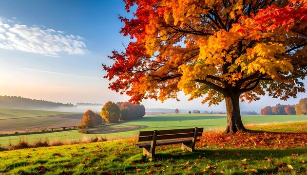 Autumnal landscape tree with red, orange, yellow leaves, a bench, rolling fields, and a misty horizon