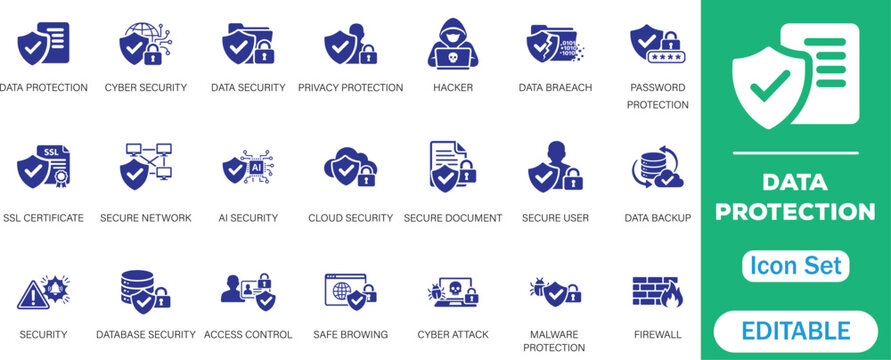 Data protection icon set. Featuring cybersecurity, data security, privacy protection, encryption, cloud security, firewall, AI security, secure network and more icons. perfect vector icon collection.