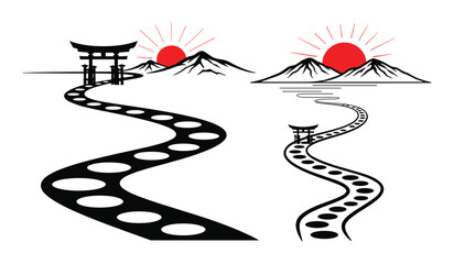 Winding Paths Leading to Torii Gates and Mountains with Rising Sun road pathway