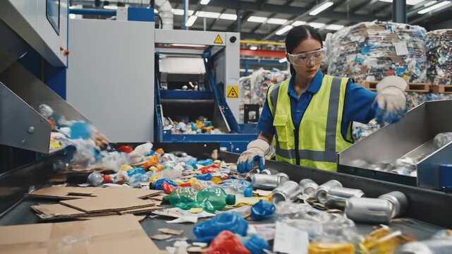 Woman sorting recyclable materials on conveyor belt in waste management facility, actively engaging with items, camera pans and zooms for dynamic action