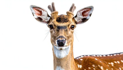 Obraz premium Axis deer portrait. Head shot on white. Brown fur with white spots. Small antlers, big ears, and a black nose
