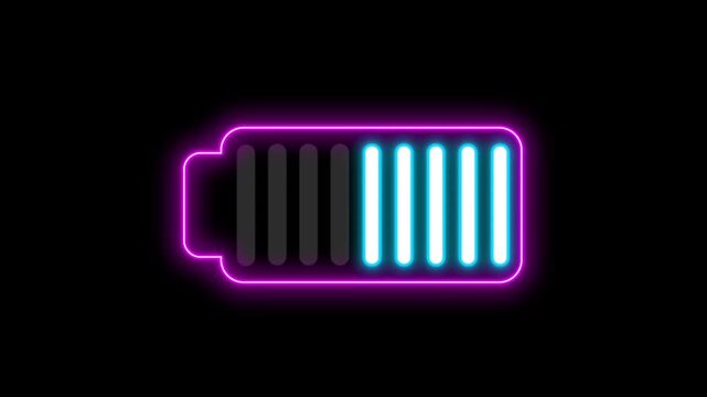A futuristic neon battery icon showing a blue charging status on a black background