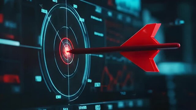A red dart hitting the bullseye of a futuristic digital target with glowing blue and red interface elements in a dark setting.