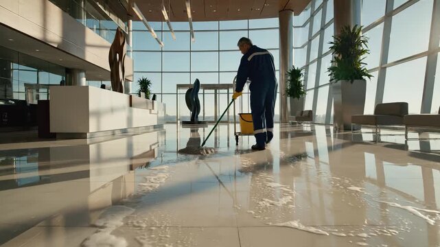 Janitor mops shiny floor in modern lobby, showcasing cleaning process with gradual camera zoom, highlighting reflections and ambient light
