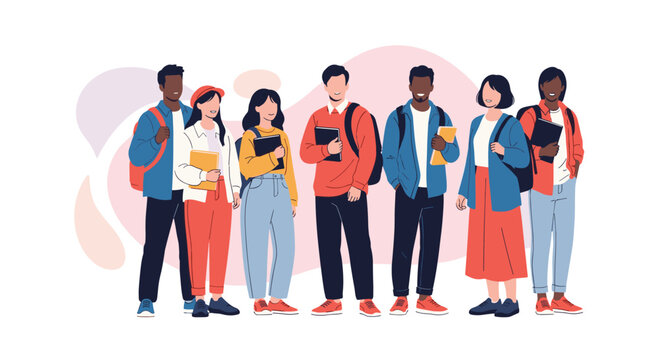 Diverse group of happy university students standing together with their backpacks and books ready for their college classes.