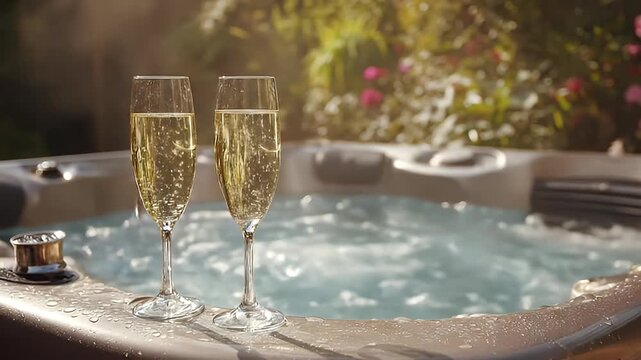 Two champagne flutes filled with sparkling wine sit on the edge of a bubbling hot tub in a sunny outdoor garden setting.
