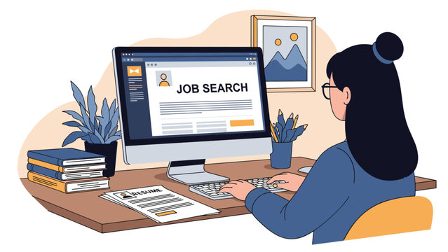 Young woman sitting at a home office desk looking for new career opportunities on a job search website using her computer and resume.