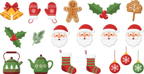 Fototapeta premium Christmas Holiday Icon Vector Set with Santa Claus Faces, Decorations, Cookies, Bells, and Winter Accessories for Seasonal Designs and Festive Graphics