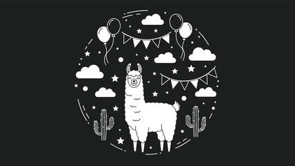 Festive line art illustration on a dark background featuring a happy white llama surrounded by party balloons, clouds, and desert cacti.