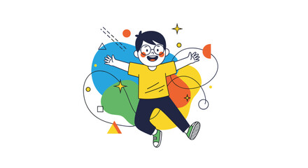Fototapeta premium A joyful cartoon boy with glasses jumping in the air with his arms outstretched against a vibrant abstract and colorful background.