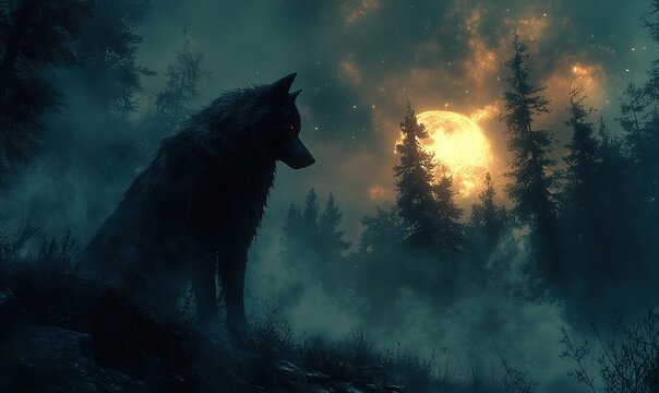 Enigmatic Lone Wolf Silhouette in the Misty Forest Under a Golden Moon