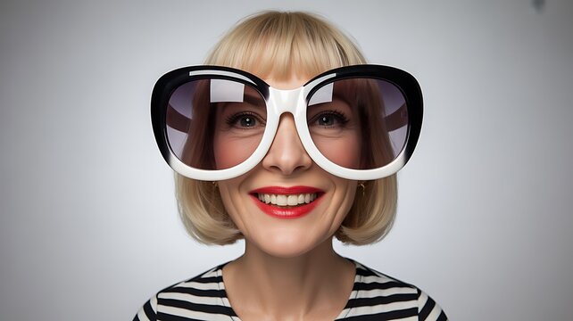 Cheerful blonde woman, humorous oversized sunglasses, smiling wide angle close up portrait