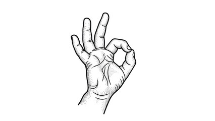 Obraz premium Detailed black and white stippled illustration of a human hand making the universal ok sign or gesture of approval.