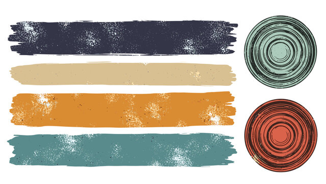 Set of horizontal paint strokes and textured circles in dark blue, tan, orange, and teal colors with a distressed look.