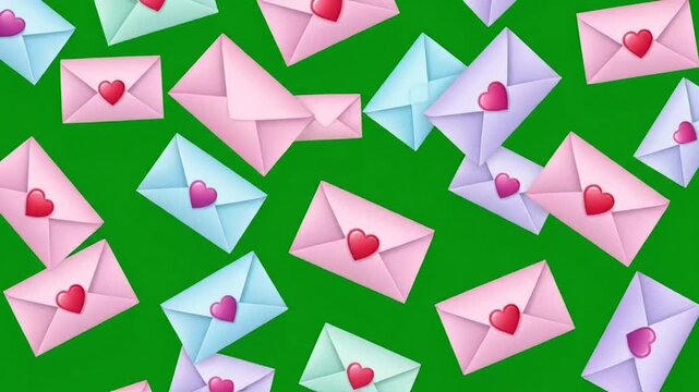 Love Letters Floating on Green Screen Background for Valentines Day.