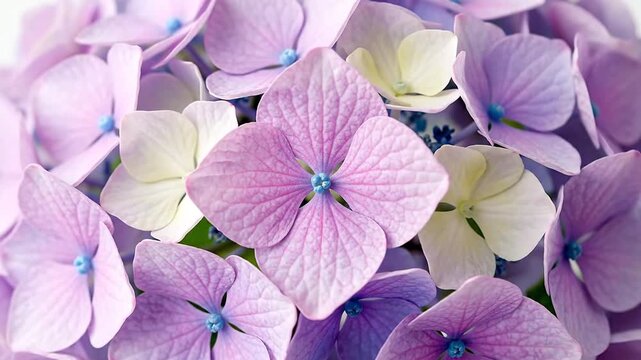 Close-up view of vibrant pink, blue, and purple hydrangea flowers, perfect for backgrounds and designs.
