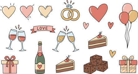 Romantic Love and Valentine&rsquo;s Day Doodle Illustration Set with Hearts, Gifts, Cake, Champagne, Rings, and Celebration Icons Hand Drawn Vector Collection