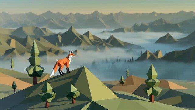 Solitary low-poly fox on angular hill overlooking a vast misty valley