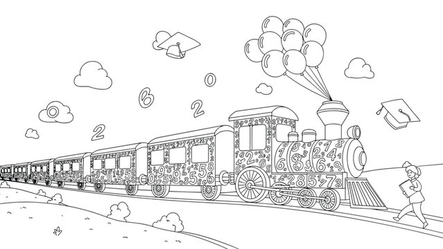 Educational coloring page for kids featuring a long steam train decorated with various numbers traveling through a hilly landscape.