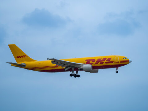 DHL Air Transport Airbus A300-622F aircraft is landing at MXP Milano Malpensa international airport