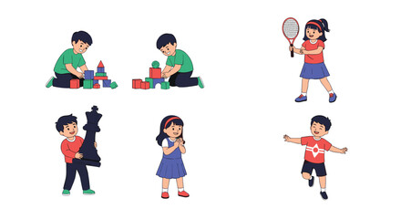 Fototapeta premium A collection of six illustrations showing children engaged in various activities like playing with blocks tennis chess and running.