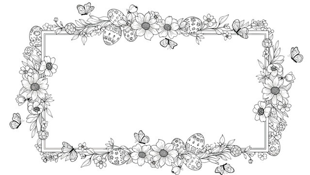 Intricate black and white line art of a rectangular frame adorned with spring flowers, butterflies, and decorated Easter eggs.