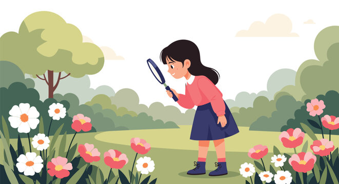 A curious young girl using a magnifying glass to explore and observe the flowers and nature in a beautiful and lush green garden.
