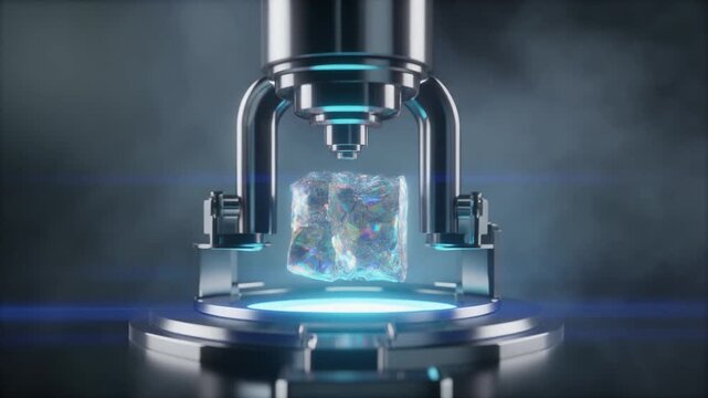 Pristine iridescent firefly-like crystal specimen held in a sleek chrome testing apparatus