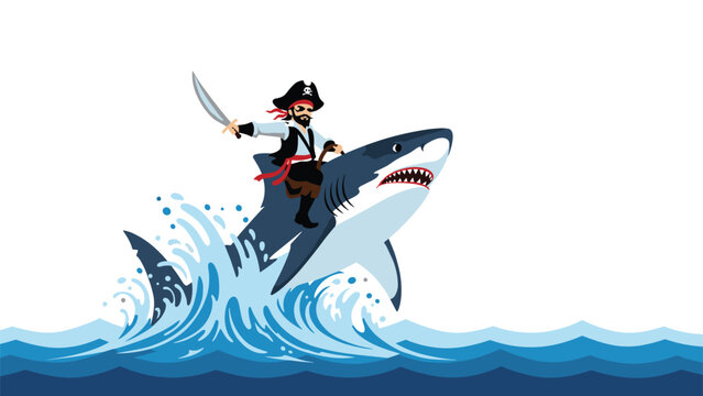 Brave pirate captain riding a giant great white shark through crashing ocean waves while triumphantly wielding a sharp cutlass in a cartoon.