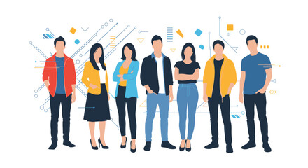 Fototapeta premium Diverse group of young professional men and women stand together as a team against a modern digital technology background.