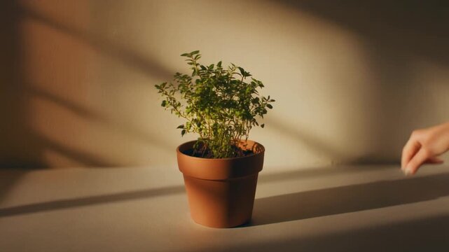 Faceless figure tending a small terracotta plant plant with soft ambient light and gentle hand movement
