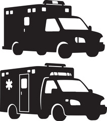 Black silhouette illustrations of essential ambulance vehicles for emergency medical services