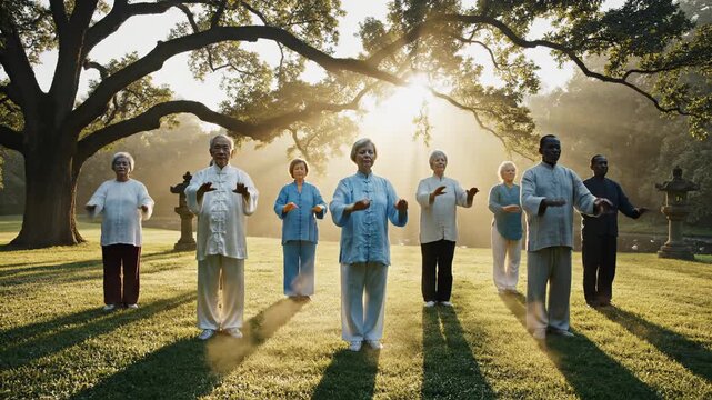 Group of seniors practicing tai chi outdoors in a sunlit park, demonstrating fluid movements and harmony, camera pans across the scene capturing the serene atmosphere