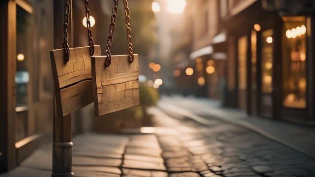 Weathered wooden signboards hanging on chains over a quiet evening street corner