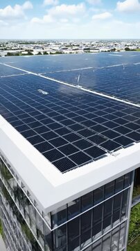 Modern eco-friendly office building showcases innovative design with glass facade and green elements, camera pans upward revealing solar panels