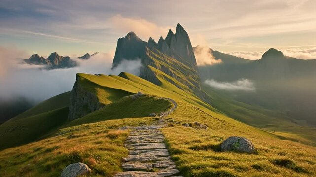 Firefly dawn over alpine ridge: golden light on stone path leading to jagged peaks