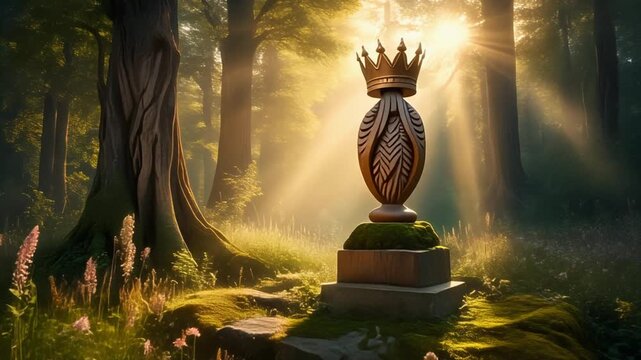 Solitary carved wood urn statue in sunlit forest clearing at dawn, mossy pedestal amid warm rays