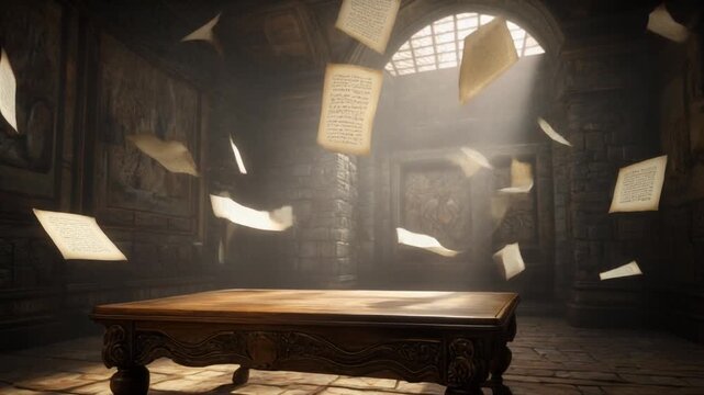 Quiet chamber with arched window bathed in soft diffuse light and floating pages around a carved wooden table