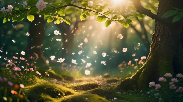Tranquil sunlit grove with mossy ground and drifting cherry blossom petals beneath a sturdy tree