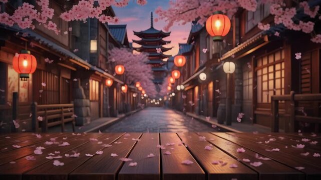 Tranquil tokyo street at twilight with warm lantern glow reflecting on wooden boards