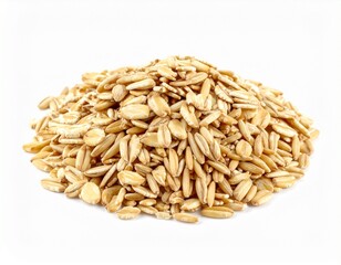 A pile of raw, golden-brown rolled oats ready for cooking, set against a clean white backdrop