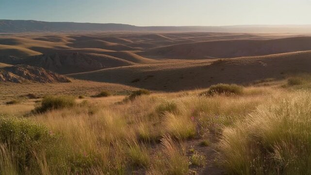 Firefly over vast argentinian pampas at dawn with rolling golden dunes