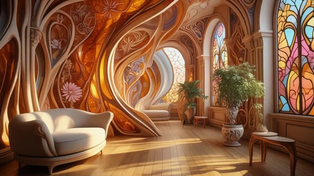 Sunlit interior with flowing organic curves and floral motifs in a warm timber hall