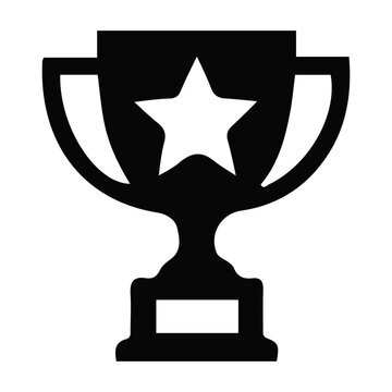 A simple black and white illustration of a trophy with a star on it, symbolizing achievement, victory, and excellence